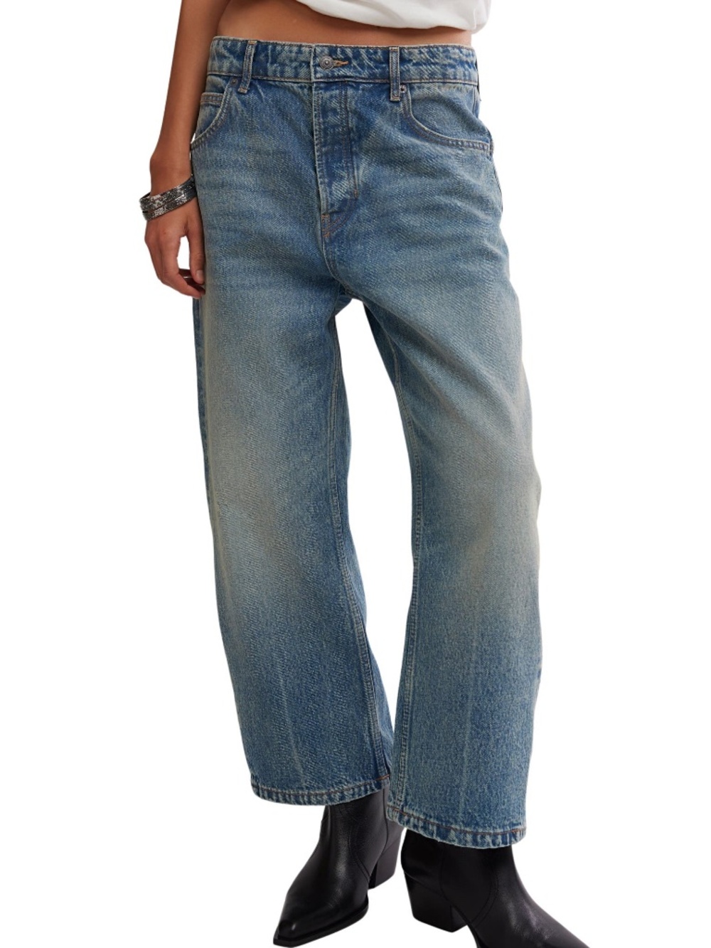 NWT Free People We The Free Deep Trance Boyfriend Barrel Jeans, From Beyond, 28